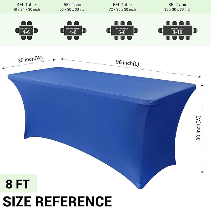 Obstal 6 Pack Stretch Spandex Table Covers for 8 Foot Tables - 8 FT Universal Rectangular Fitted Tablecloth Protector for Wedding, Banquet, Party (Royal Blue, 96 L x 30 W x 30 H Inches)