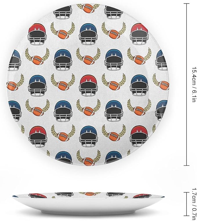 Decorative Plates, American Football Print Ornament, Rugby Championship Professional League Fun Game, 7 Inch, 1 Plate with 1 Display Stand, Multicolor