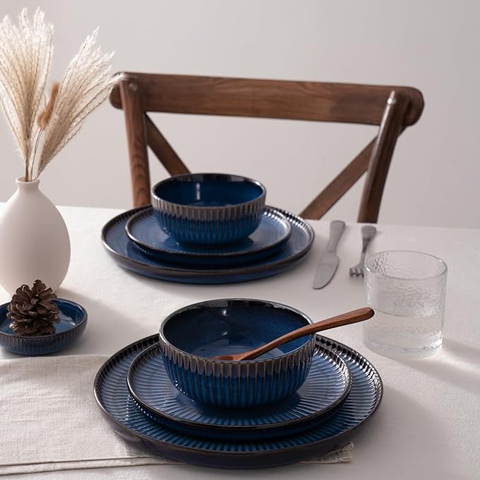 Famiware Starlight Plates and Bowls Dishes Set of 6 (18 Pieces), Ribbed Textured Stoneware Dinnerware Sets- Dishwasher & Microwave Safe, Chip & Scratch Resistant, Starry Blue