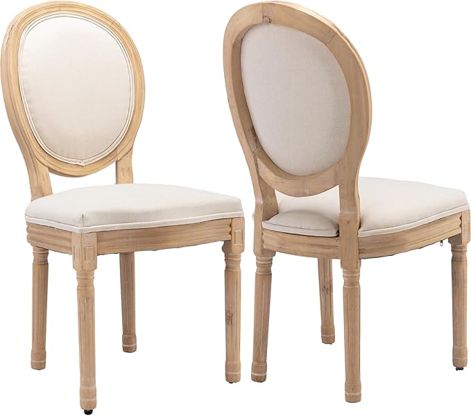 Vintage French Dining Chairs Set of 2, Round Back Accent Chairs with Linen Seat and Solid Wood Frame, Farmhouse Sillas de Comedor Upholstered for Dining Room & Kitchen, Beige