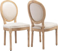 Vintage French Dining Chairs Set of 2, Round Back Accent Chairs with Linen Seat and Solid Wood Frame, Farmhouse Sillas de Comedor Upholstered for Dining Room & Kitchen, Beige