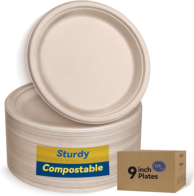 9 Inch Heavy Duty Paper Plates 125 Pack – Sturdy Disposable Plates, Compostable Biodegradable Sugarcane & Bamboo Fiber, Natural Paper Plate for Dinner Camping Everyday Use