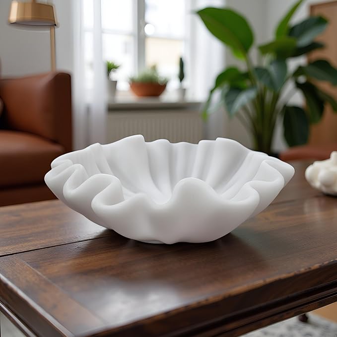 10" Large Handmade Decorative Bowl decor , Handicraft Scalloped Bowls for Modern Home Decor,Ruffle Decor,Key Bowl for Entry Table,Decorative Fruit Bowl for Kitchen Counter,Artificial Stone Milky White