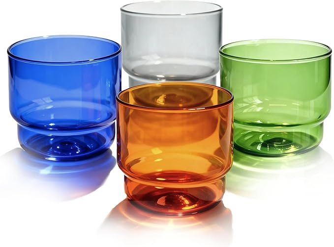 Retro Colored Double Old-Fashioned Glasses Set 10oz Stackable Drinking Glasses for Cocktails Mixology Espresso Cups Party Hosting Modern Barware Gift Dishwasher Safe