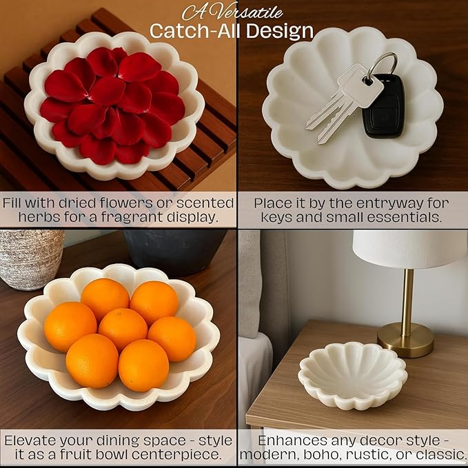 SWADESHI BLESSINGS HandCrafted Marble Decorative Bowl | White Ruffle Scalloped Fluted Key/Fruit Ring Dish | Organic Modern Home Decor (9 Inches)