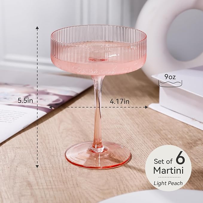 9 oz Pink martini glasses Vintage Art Deco Blush Pink Coupe Glasses Set of 6 Pink Ribbed Cocktail Glasses for Espresso Martini, Champagne,Cosmopolitan,Manhattan,Cocktail