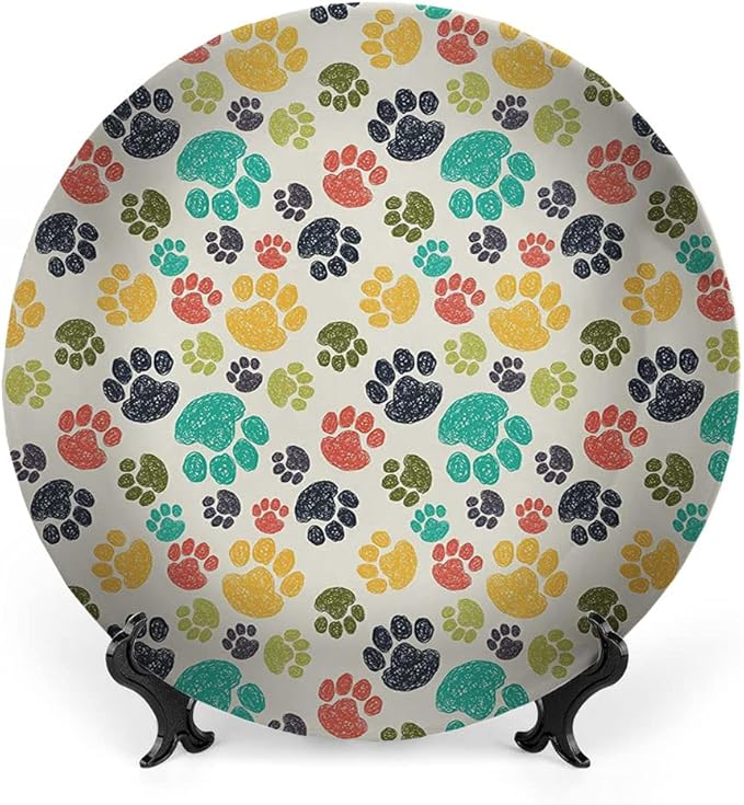 Ceramic Display Plate, Dog Lover Ceramic Hanging Decorative Plate, Cute Hand Drawn Paw Print Doodles, 7 Inch, Living Room Kitchen Decoration Household, Multicolor