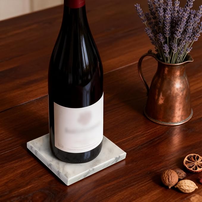 Natural Marble Coasters, Square Costers, Luxury Aesthetic Modern Decor for Coffee Table Bar Kitchen Home, White Marble, Real Natural Semi Absorbent Stone Coasters