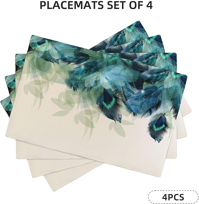 Teal Peacock Feathers Placemats Set of 4 Beautiful Blue Turquoise Floral Linen Washable Place Mats Kitchen Dining Green Leaf Heat-Resistant Desktop Decor Table Mats 12x18 Inch