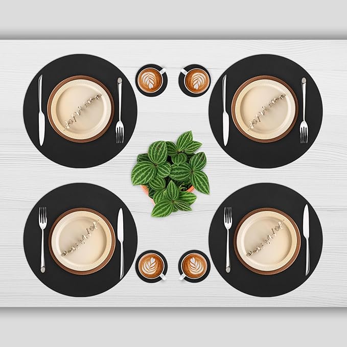Myir JUN Round Placemats Set of 4 Faux Leather Place Mats and Coasters 15 inch Round Table Mats Dual Sided Non-Slip Stain Resistant Placemats (Black 01, Set of 4)