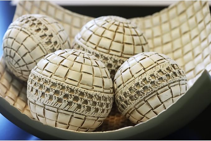 Seraphic 5pc Scoop Bowl Table Centerpieces for Dining Room, Large Decorative Bowls for Coffee Table Decor, Kitchen, Orbs/Balls Included, 14" diagonal. 11" wide and 5.75" tall, White