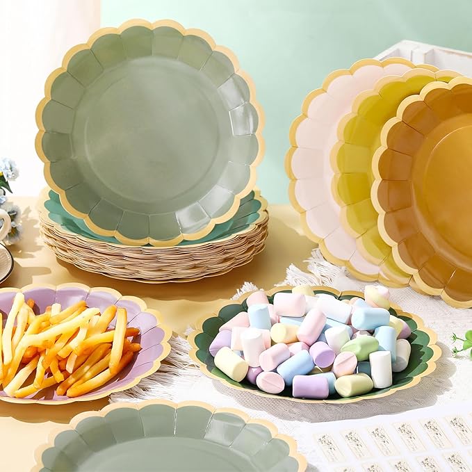 96 Pcs Nature Wedding Paper Plates 9 Inch Sage Green Purple Scalloped Paper Disposable Dinner Dessert Plates for Birthday Wedding Bridal Party Supplies, 6 Colors