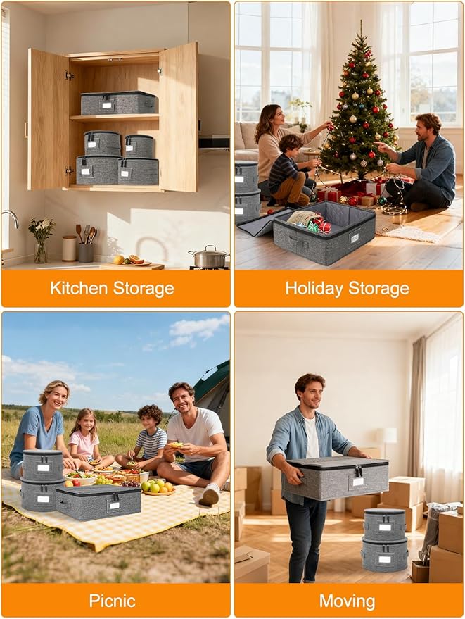 punemi 6-Piece Hard Shell China Storage Containers, Mug & Cup Organizer, Wine Glass Storage Boxes with Dividers & Carry Handles, Moving Boxes for Dinnerware, Glassware, and Stemware,Grey