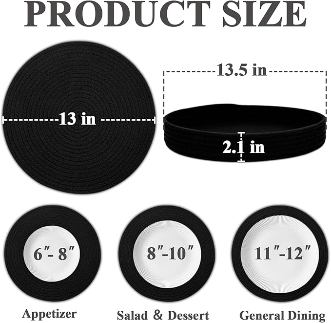 Round Placemats Set of 6 with Holder, Cotton Rope Woven Place Mats, Hot Pads for Kitchen, Heat Resistant Table Mats, 13 Inch Farmhouse Washable Braided Placemat for Kitchen Decor (Black)