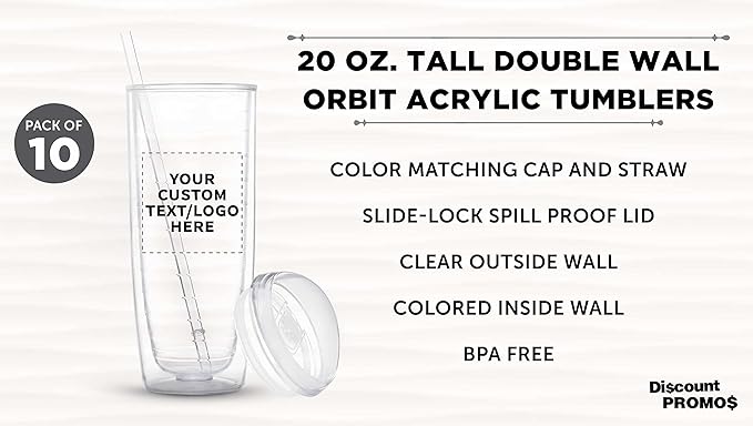 Custom Tall Orbit Acrylic Tumblers 20 oz. Set of 10, Personalized Bulk Pack - Perfect for Iced Coffee, Soda, Other Hot & Cold Beverages - Clear