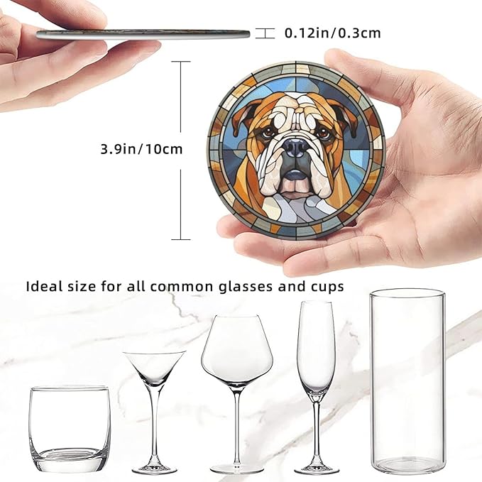 Drink Coaster Set of 6, Bulldog Dog Mom Lover Gift,Leather Drink Coasters with Holder,6 Pack Cup/Bar/Drink Coasters for Table/Drinks/Coffee Protection Housewarming Gift