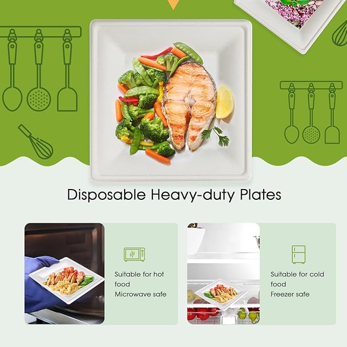 ECOLipak 150 Piecs Square Paper Plates, 8-inch Compostable Disposable Plates, Eco-friendly Heavy Duty Biodegradable Sugarcane Plates for Party Dinner Birthday