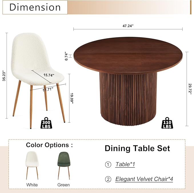 Dining Table Set for 4, Mid Century Modern 47 Inch Wooden Round Dining Table Set, Space Saving (Table + 4 White Chairs)