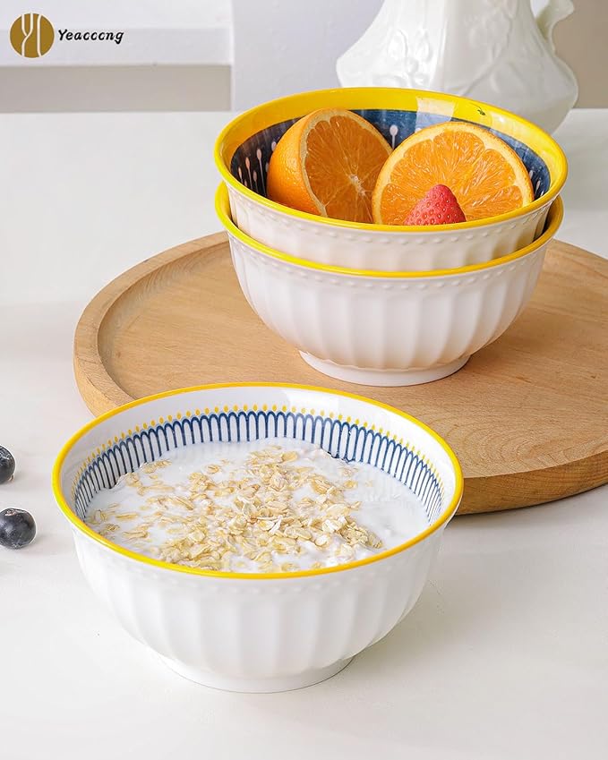 Yeacccng Cereal Bowls Set of 4, 27 Oz Colorful Cereal Bowls, 6.14 Inch Ceramic Soup Bowls for Soup, Cereal, Oatmeal, Fruit, Pasta, Scratch-Resistant, Lead-Free, Dishwasher & Microwave Safe