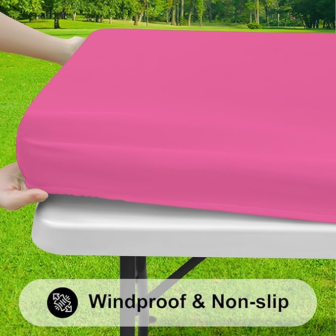 Smiry Rectangle Tablecloth, Elastic Fitted Flannel Backed Vinyl Tablecloths for 8ft Folding Tables, Waterproof Wipeable Table Covers for Indoor, Outdoor, Camping and Picnic (Rose Pink, 30"x96")