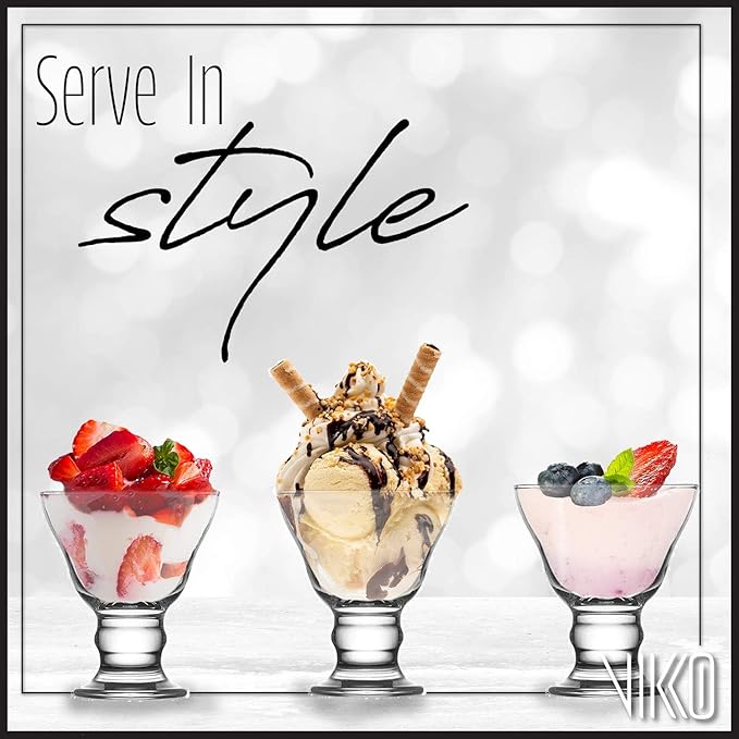 Vikko Orion Glass Sundae Bowls: Dessert Cups – For Parfait, Ice Cream, Pudding, Fruit, and More – Set of 6 Thick Large Dessert Dishes - 8.75 ounces - Dishwasher Safe
