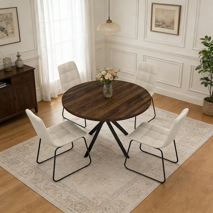 44" Round Dining Table with Cozy Chair Set for 4, Modern Mid-Century Dining Table Set of 4, Dinette Sets with Metal Leg for Kitchen Dining Room Apartment(Walnut Table + Beige Chairs)
