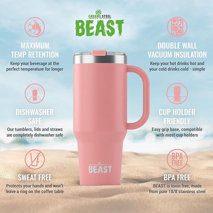 Beast 50 oz Tumbler with Handle Stainless Steel Vacuum Insulated Coffee Ice Cup Double Wall Travel Flask (Blossom Pink)