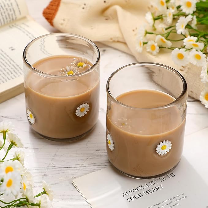 Icon Juice Glasses, 14oz Stemless Wine Drinking Juice Glass Cup for Valentine Party Supplies Gift(2 Pcs,Daisy)