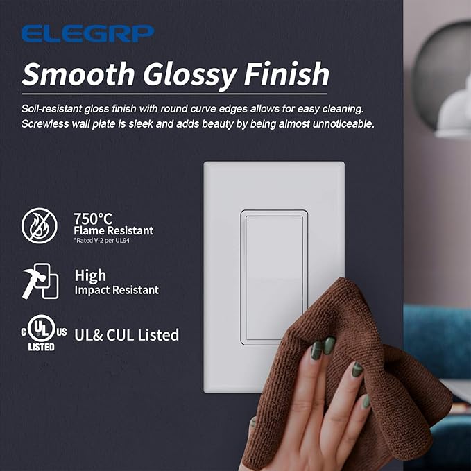 ELEGRP 1-Gang Screwless Decorator Wall Plates, Standard Size Unbreakable Thermoplastic Faceplate Cover for Decorator Receptacle Outlet Switch, UL Listed (100 Pack, Glossy White)