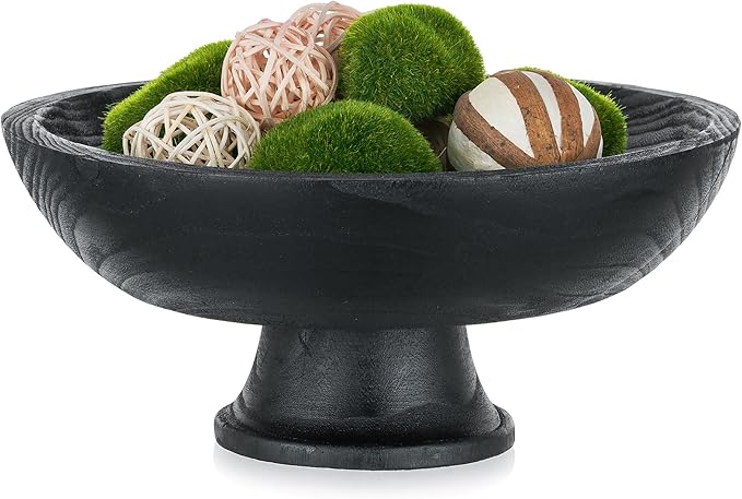 Hanobe Decorative Wood Bowl for Centerpiece: Wooden Black Pedestal Bowl Decor for Entry Way Table - Large Coffee Table Decor Dough Bowl for Fruit,Keys