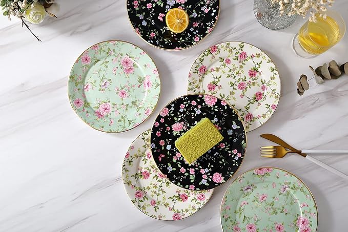 Floral Salad Plates, Set of 6 – 8 Inch Ceramic Appetizer Plates with Gold Trim, Vintage Floral Design for Dessert, Tea Party, Dinner, Decorative Serving