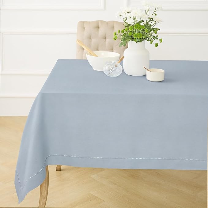 Solino Home Dusty Blue Linen Tablecloth 60 x 156 Inch - 100% Pure Linen Hemstitch Table Cloth for Rectangle Tables - Classic Hemstitch, Machine Washable Tablecloth for Winter, Spring, Easter