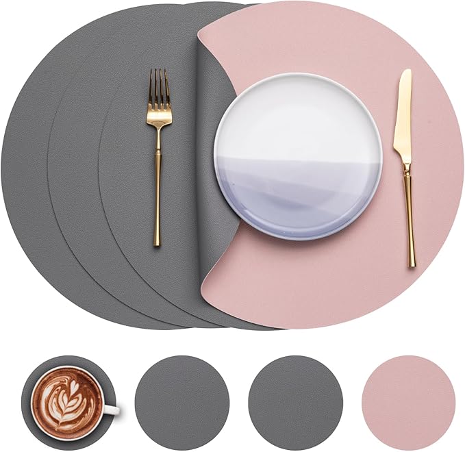 Myir JUN Round Placemats Set of 4 Faux Leather Place Mats and Coasters 15 inch Round Table Mats Dual Sided Non-Slip Stain Resistant Placemats (Gray & Pink, Set of 4)