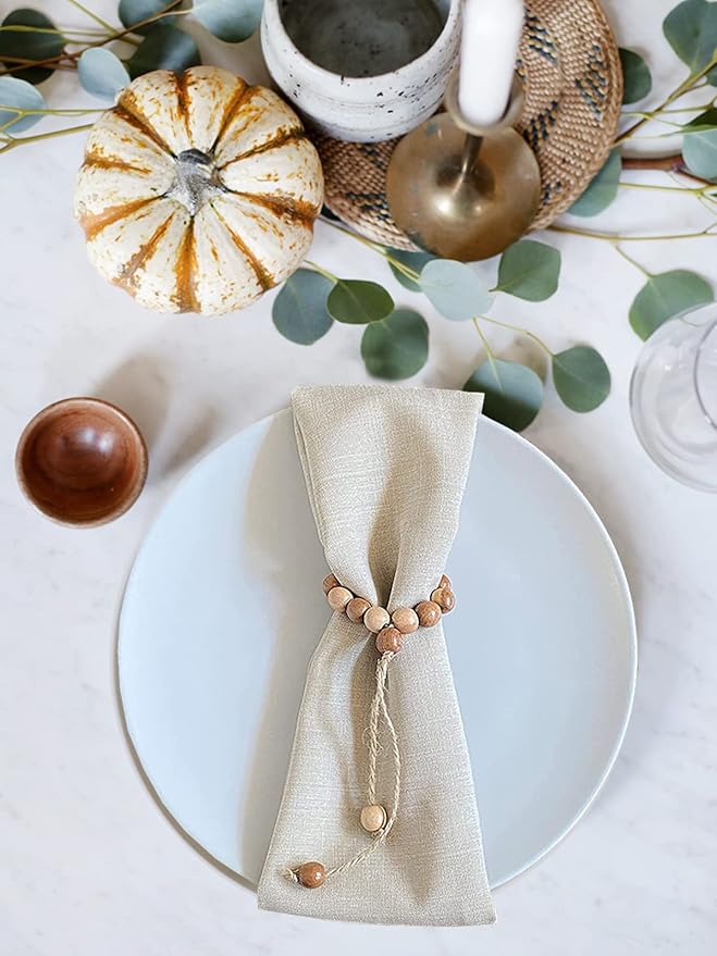 Napkin Rings Set of 6 - Wood Beaded Napkin Rings - Natural Rustic Wooden Napkin Holder Ring for Table - Handmade Wooden Beads Napkin Ring with Jute Twine - Farmhouse Napkin Ring