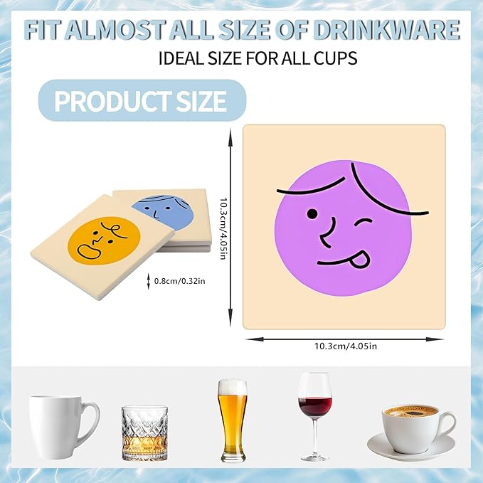 MAYCARI Cartoon Emotional Face Coasters Set of 6 Cork Backed Cute Coasters with Metal Holder Original Ceramic Surface Drink Cup Mats for Tabletop Protection Modern Desk Decoration Birthday Gifts