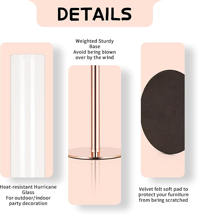 Hurricane Candle Holders Set of 3 Metal Candlestick Holder for Glass Taper Tall Candle Holders with Crystal Chimney Tube Candles Stands for Home Decor, Christmas, Dinning (3, Rose Gold)