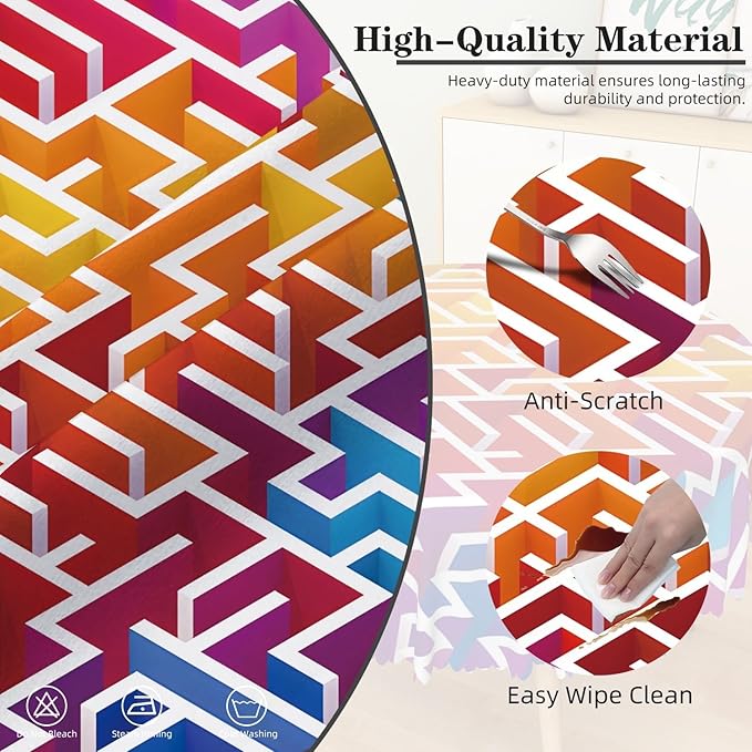 Laeacco 70 Inch Maze Round Tablecloth Colorful Labyrinth Texture Modern Geometric Abstract Art Print Table Cloth Washable Waterproof Wrinkle Free Table Cover for Kitchen Dining Picnic Party Decor