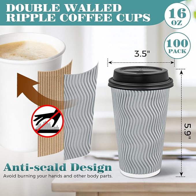 Ginkgo 100 Pack To Go Paper Coffee Cups With Lids, 16 oz Disposable Double-Walled Ripple Insulated Hot Cups for Hot Drinks, Lattes, Travel Cups, Large, Gray