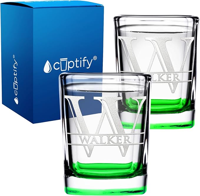 Personalized Glasses Set of 2 Initial and Name 2oz Green Bottom Etched Square Shot Glass Engraved with Custom Text Birthday Gift for Men and Women