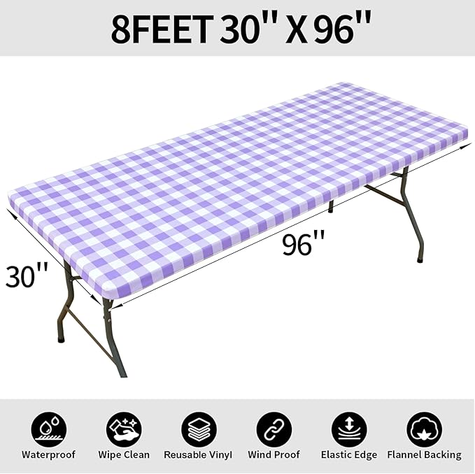 Smiry Rectangle Picnic Table Cloth, Elastic Waterproof Fitted Vinyl Tablecloths, Flannel Backed Buffalo Plaid Table Covers for Dining, Camping, Outdoor (White and Purple, 30" x 96")