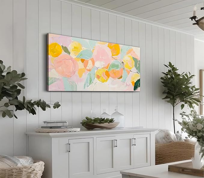 ADJUVANT Wall Art Impressionist Colorful Floral 48"L x 24"W, Bright Blooms With Pastel Leaves Canvas Painting Lively Petals Artwork Prints Floral Wall Decor for Living Room Bedroom Dining Room Home Office