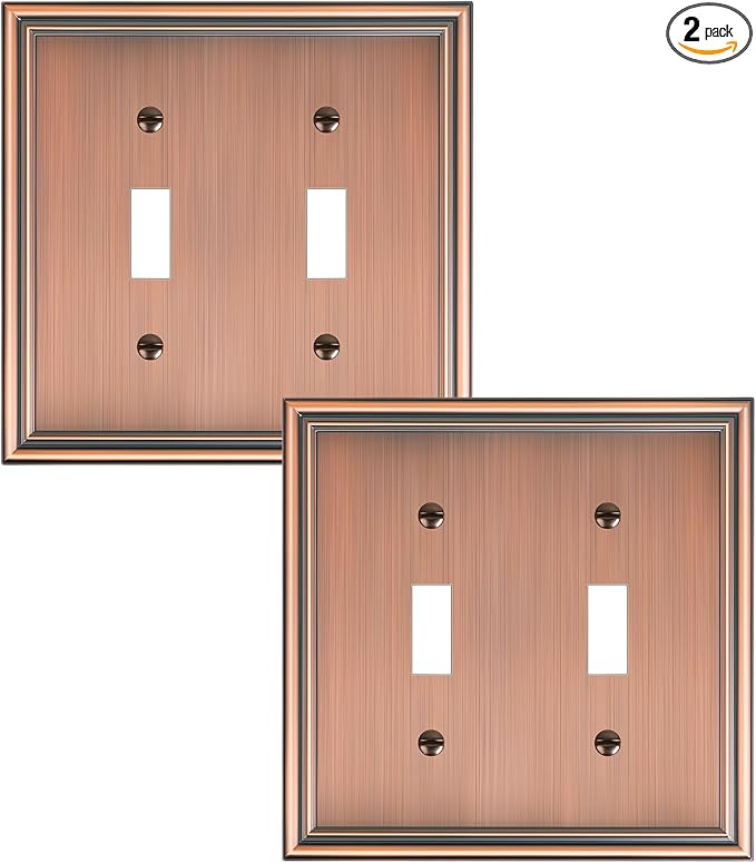 2-Pack Double Toggle Light Switch Cover Plate, Durable Solid Zinc Alloy Decorative Dual Switch Plate Covers, Antique Copper 2 Gang Wall Plate, Corrosion Resistant