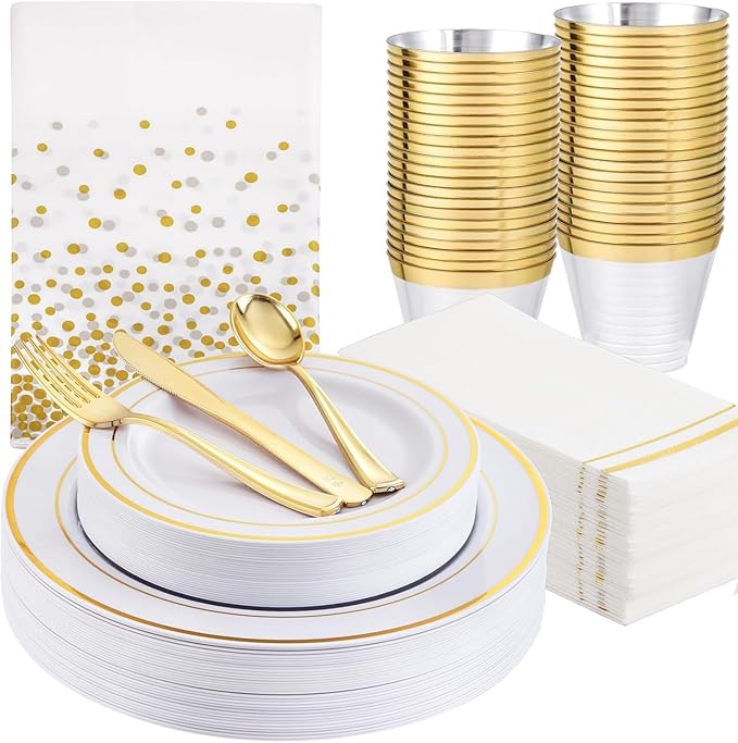 GATHER 176 Pieces Gold Dinnerware Disposable - White and Gold Plastic Plates Includes 50 Plates, 25 Plastic Silverware, 25 Napkins, 25 Cups and 1 Tablecloth for Wedding Party
