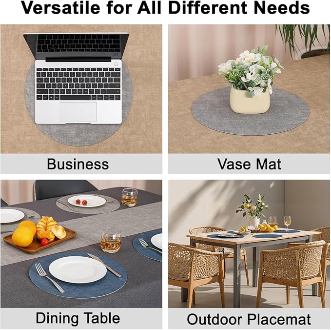 Myir JUN Reversible Vinyl Round Placemats Set of 4, Faux Leather Place Mats Dual Sided Waterproof Wipeable, Heat-Resistant Table Mats for Kitchen Dining Indoor Outdoor (14", Light Gray Navy Blue)
