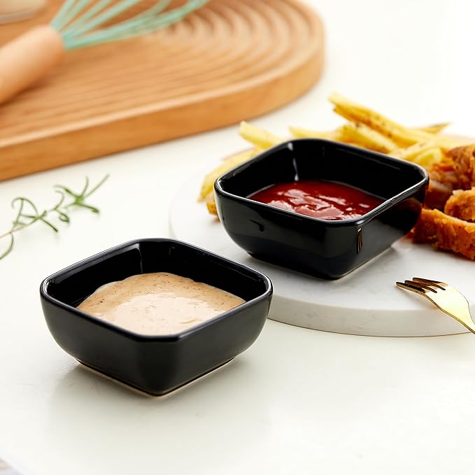 Ceramic Dipping Bowls Set of 6,3 Ounce Porcelain Small Mini Dip Bowl Square Soy Sauce Dish - Good for Tomato Sauce, Sushi Soy, BBQ,Charcuterie Board(Black)
