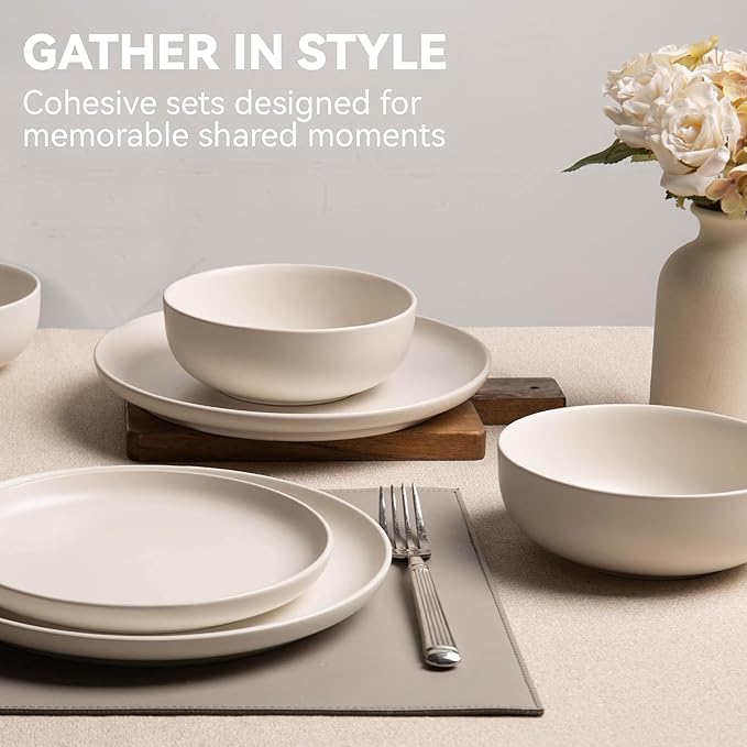 12-Piece Stoneware Dinnerware Set with Mugs | Microwave and Dishwasher Friendly | Stackable Matte Glaze Plates & Bowls | Service for 3 (White for 3)