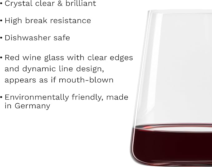 Stölzle Lausitz Red Wine Tumblers Power Set of 4, 17 1/2 oz – Modern Stemless Wine Glasses for Maximum Aroma – Flat Red Wine Glasses in Crystal Glass – Dishwasher & Break-Resistant, Made in Germany