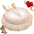 WDF 30Guest Pink Plates Disposable - Hign-end Baroque Design - Gold Plastic Silverware with Handle-Baroque Pink &Gold Plastic Dinnerware for Valentine's Day/Wedding