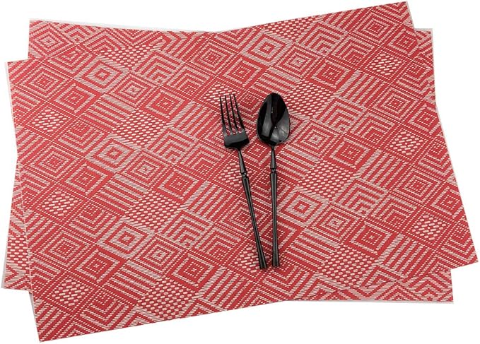Gugrida Luxury Placemats Set of 6, Heat-Resistant, Stain Resistant PVC Table Mats (Red Argyle)