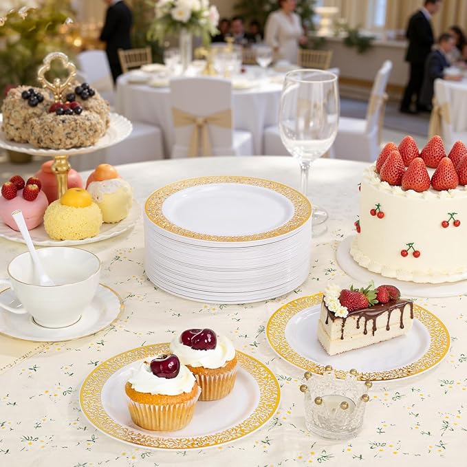 WDF 100pcs Gold Dessert Plates 7.5" with 100 Pieces Disposable Forks 7.4", Lace Design Fancy Appetizer Small Salad and Cake Plates for Thanksgiving Party/Weeding